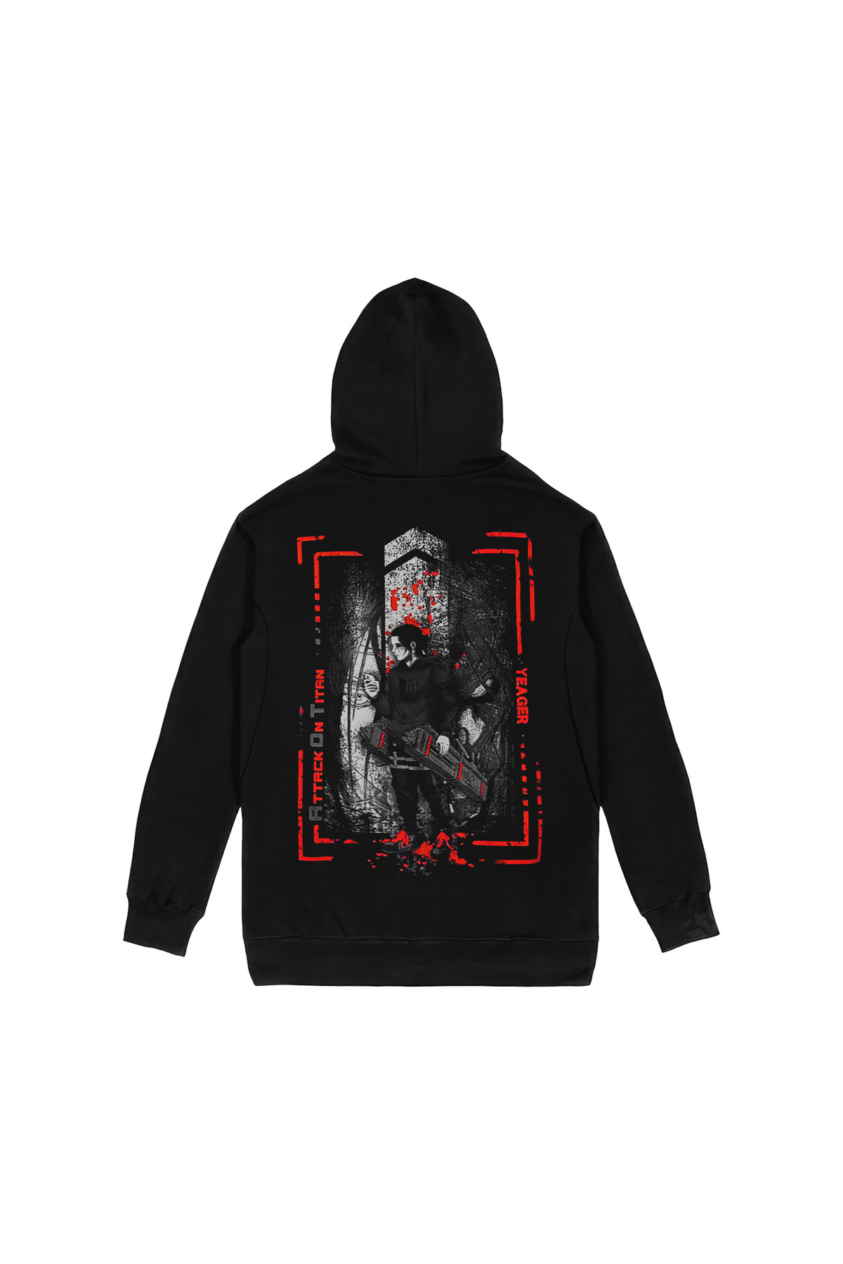 Attack on Titan Eren Yeager Ön Arka Baskılı Siyah Kapşonlu Sweatshirt