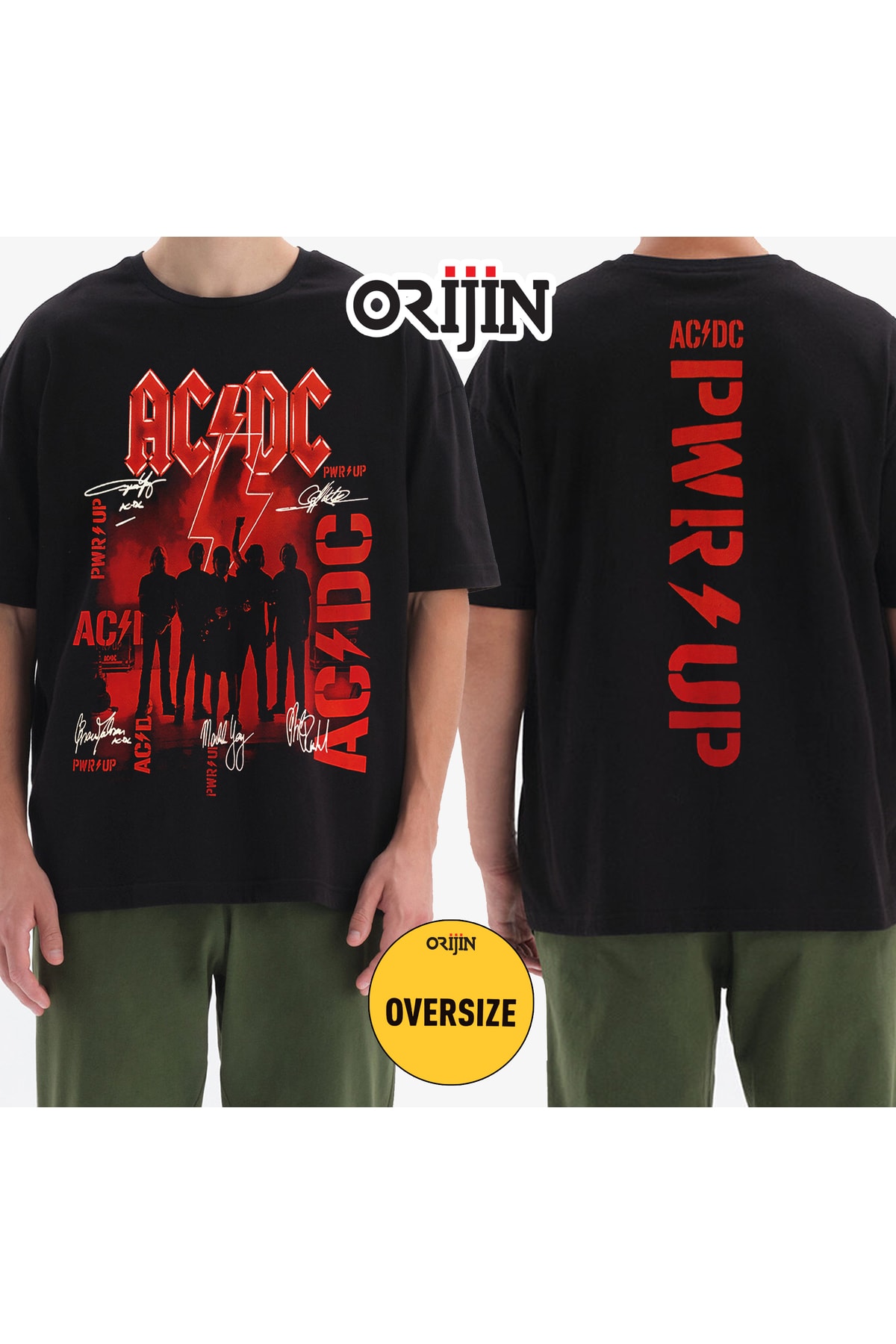 Ac Dc Power Up Ön Arka Baskılı Unisex Oversize Siyah Tshirt - OrijinTex