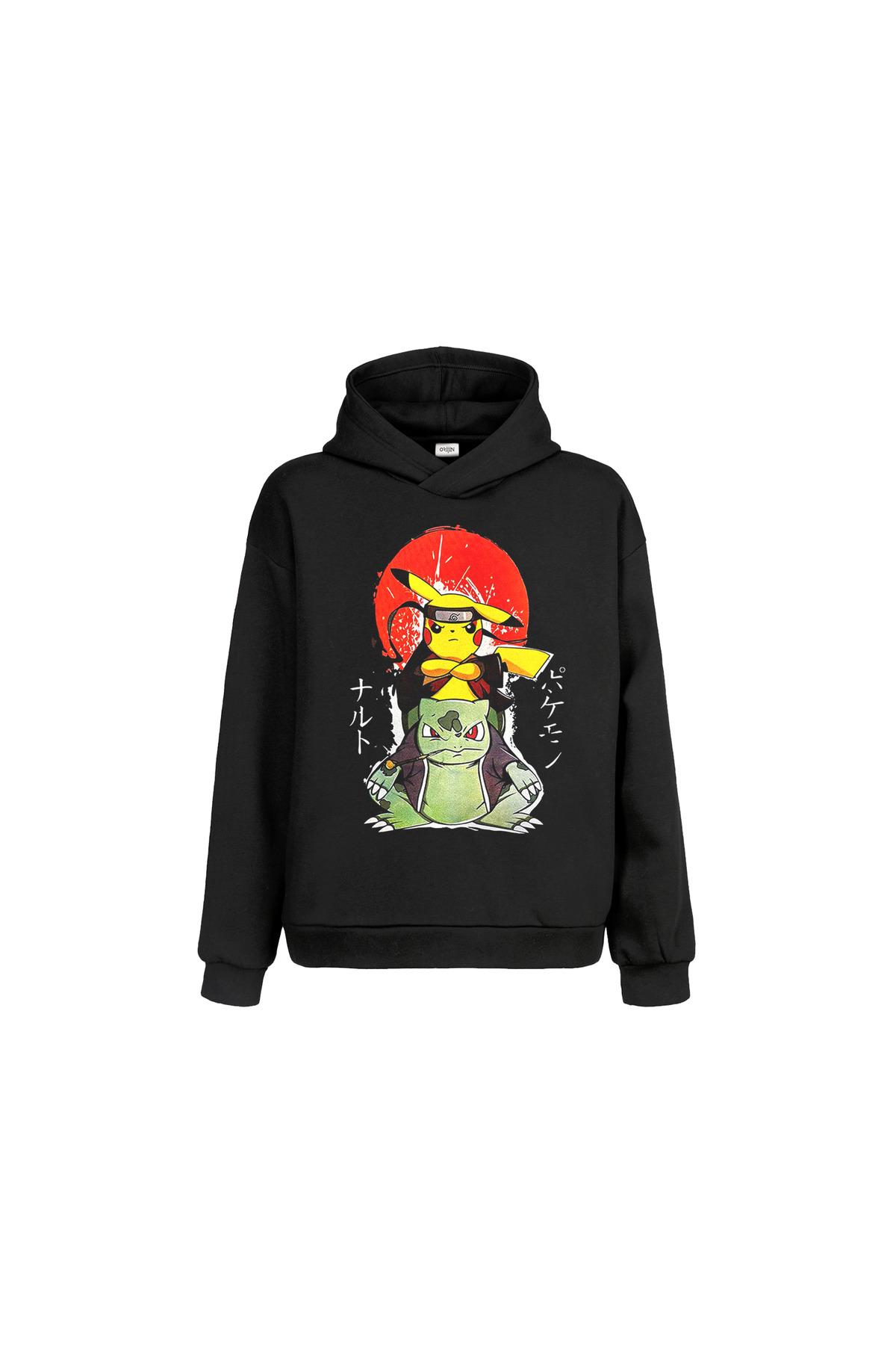 Pokemon Naruto Pikachu Bulbasaur Baskılı Siyah Kapşonlu Çocuk Sweatshirt
