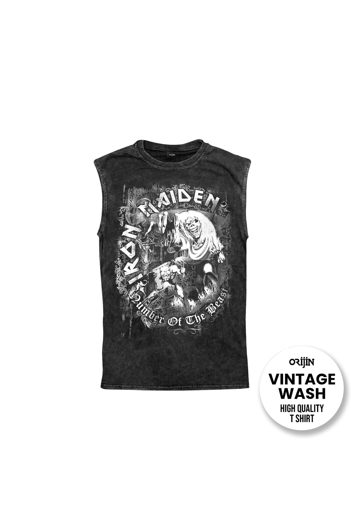 Iron Maiden Number of The Beast Ön Arka Baskılı Yıkamalı Vintage Kolsuz Tshirt Atlet