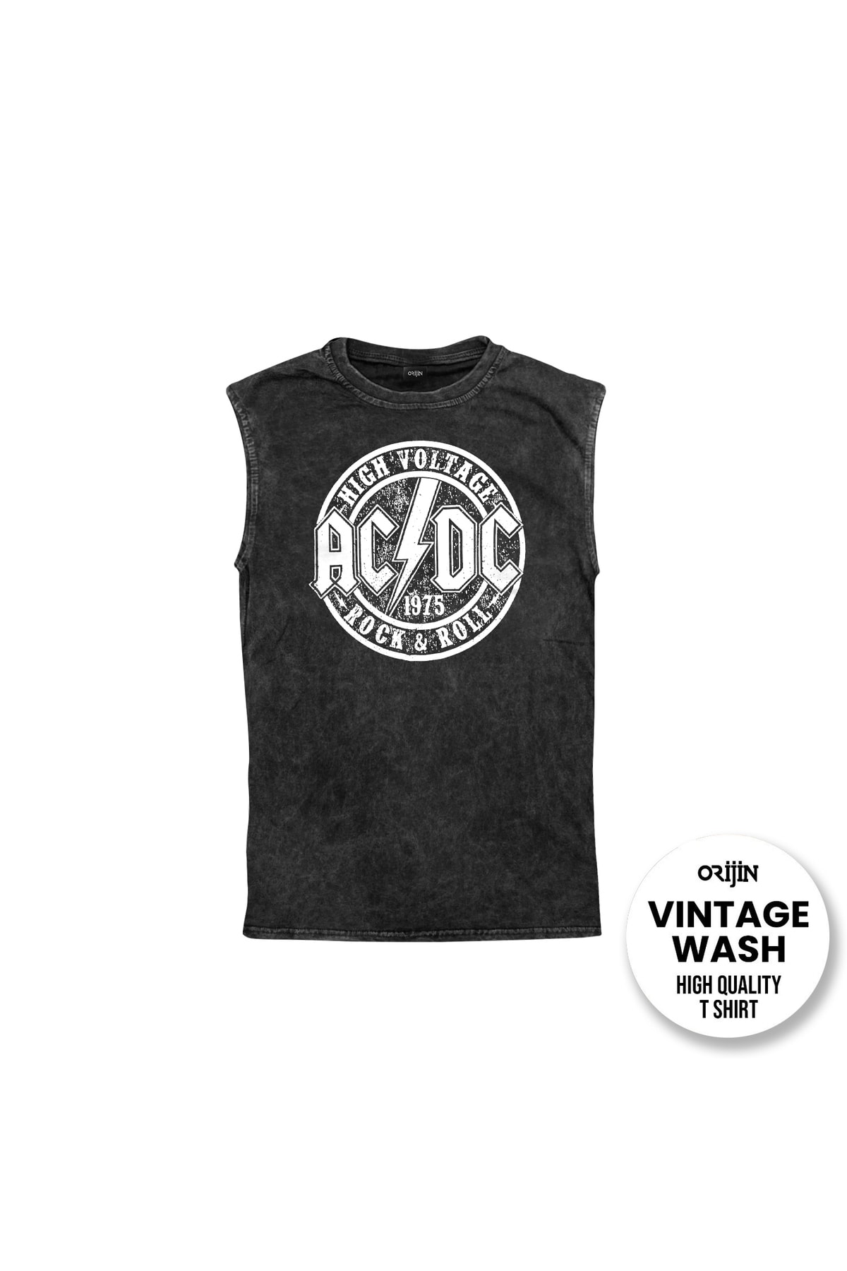 AC DC High Voltage 1975 Baskılı Yıkamalı Vintage Kolsuz Tshirt Atlet