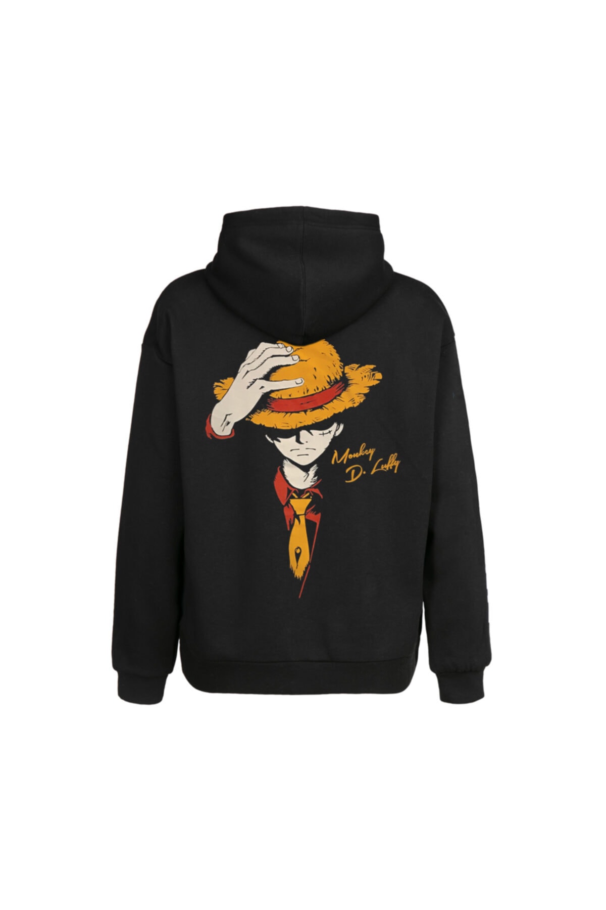 Erkek Siyah One Piece Monkey D. Luffy Ön Arka Baskılı Kapüşonlu Sweatshirt