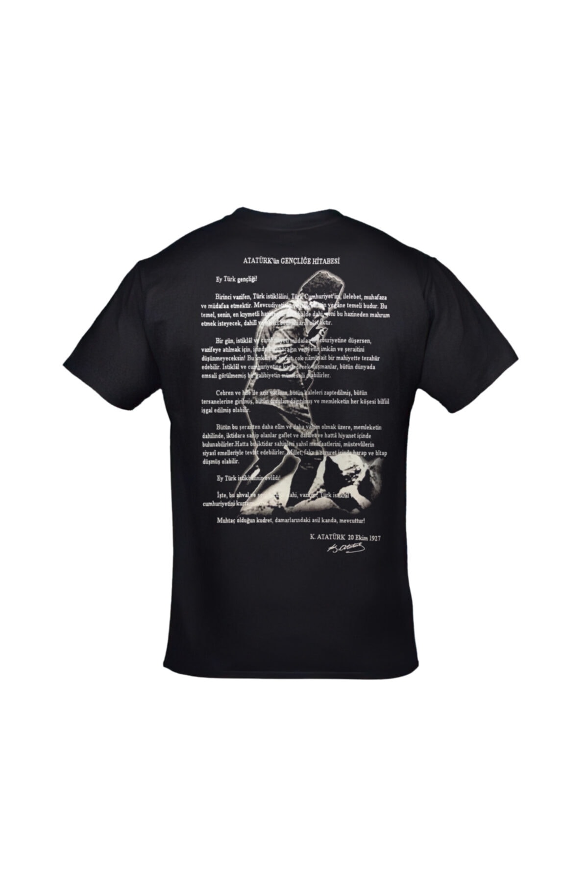 Unisex Siyah Atatürk Portre Gençliğe Hitabe Baskılı Tshirt