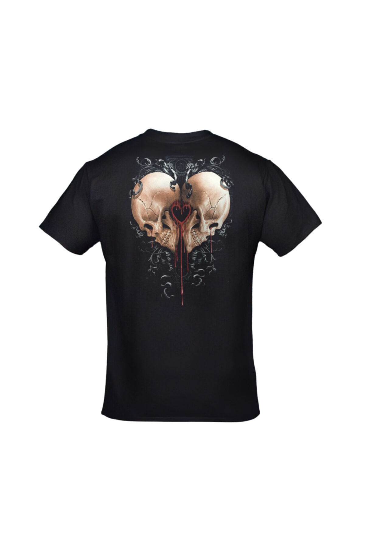 Unisex Siyah Kurukafa Kalp Ön Arka Baskılı Tshirt