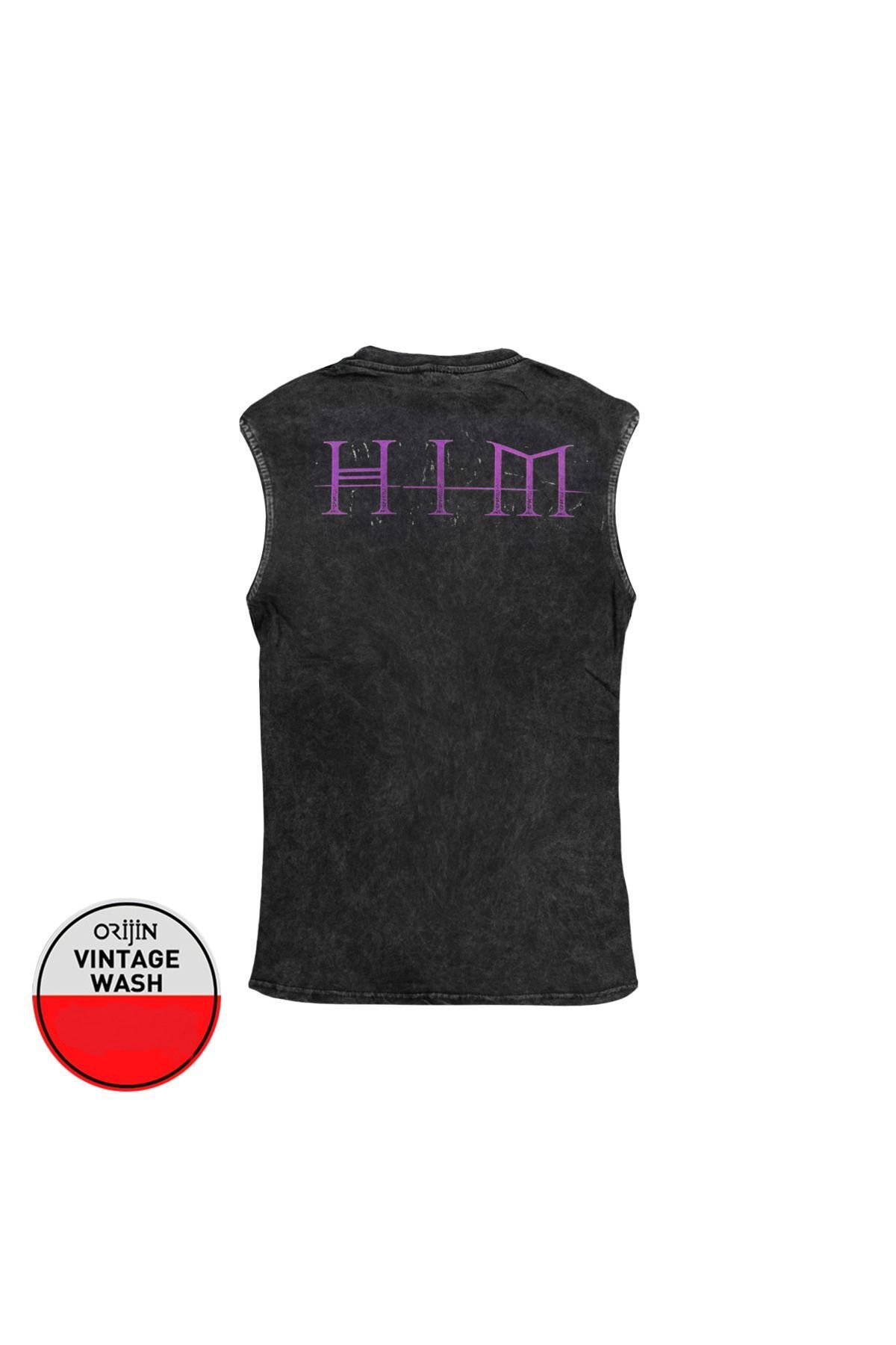 HIM Ön Arka Baskılı Yıkamalı Vintage Kolsuz Tshirt Atlet