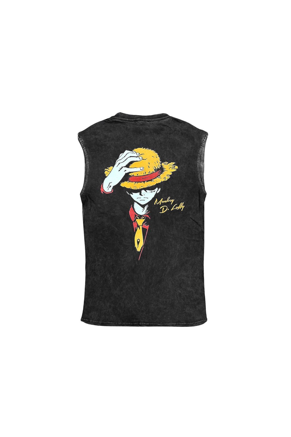 One Piece Monkey D. Luffy Baskılı Yıkamalı Vintage Kolsuz Tshirt Atlet