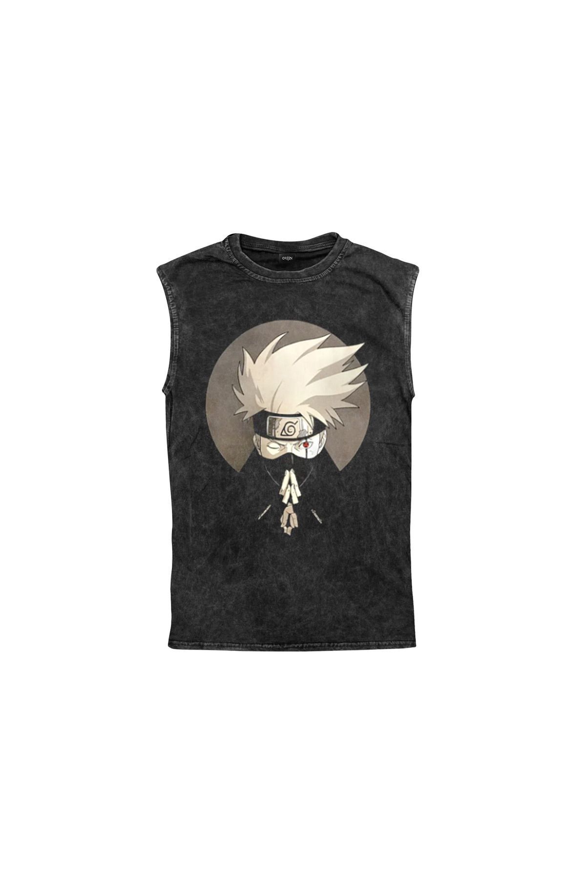 Naruto Kakashi Baskılı Yıkamalı Vintage Kolsuz Tshirt Atlet