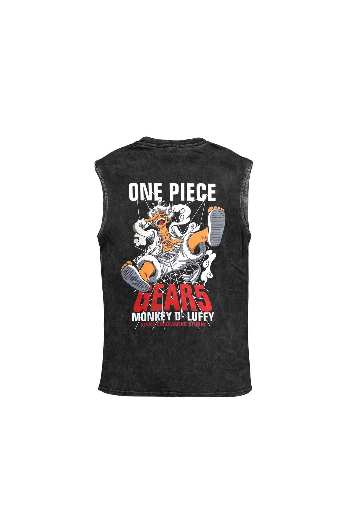 One Piece Luffy Gear 5 Ön Arka Baskılı Yıkamalı Vintage Kolsuz Tshirt Atlet