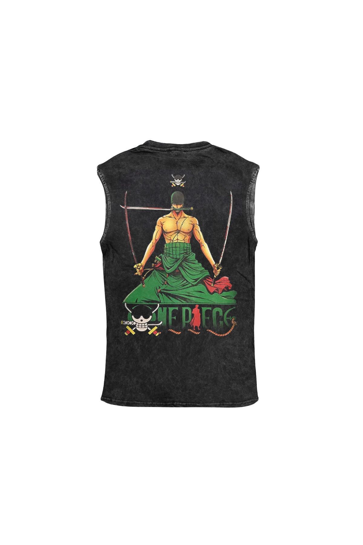 One Piece Roronoa Zoro Ön Arka Baskılı Yıkamalı Vintage Kolsuz Tshirt Atlet