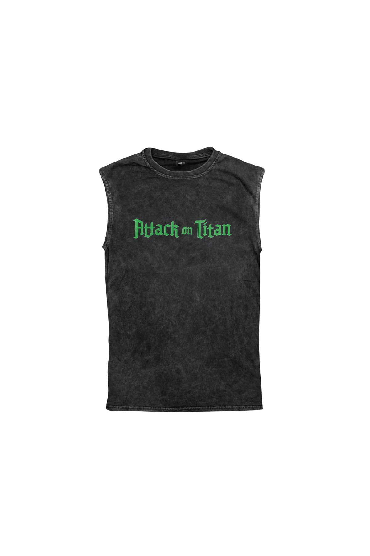 Attack on Titan Karakterler Ön Arka Baskılı Yıkamalı Vintage Kolsuz Tshirt Atlet