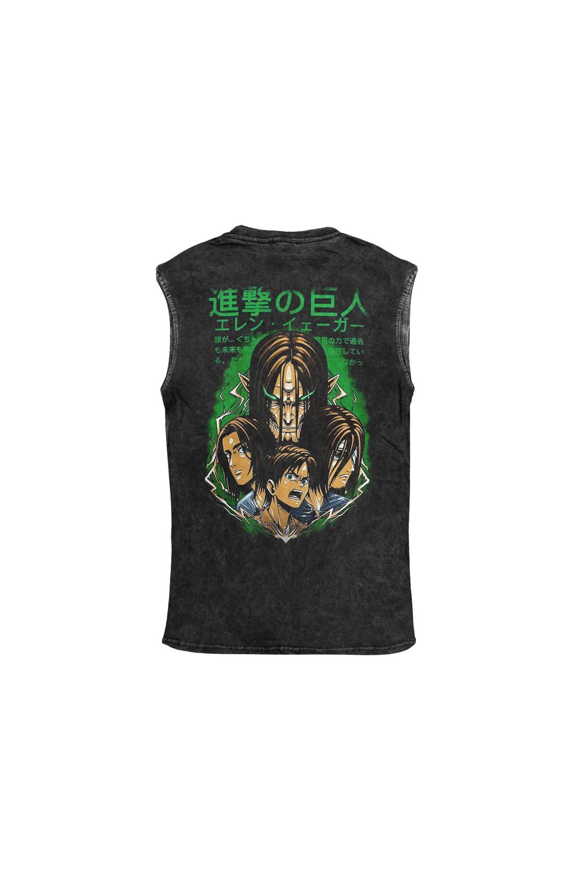 Attack on Titan Karakterler Ön Arka Baskılı Yıkamalı Vintage Kolsuz Tshirt Atlet