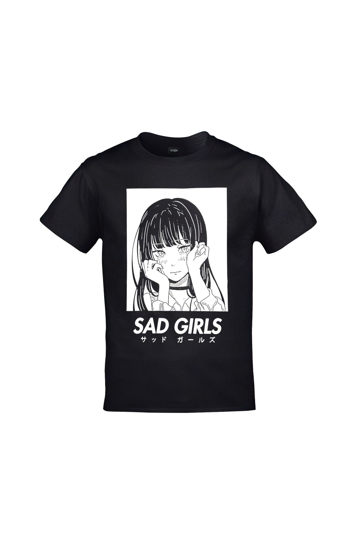Anime Girl Sad Girls Baskılı Unisex Siyah Tshirt