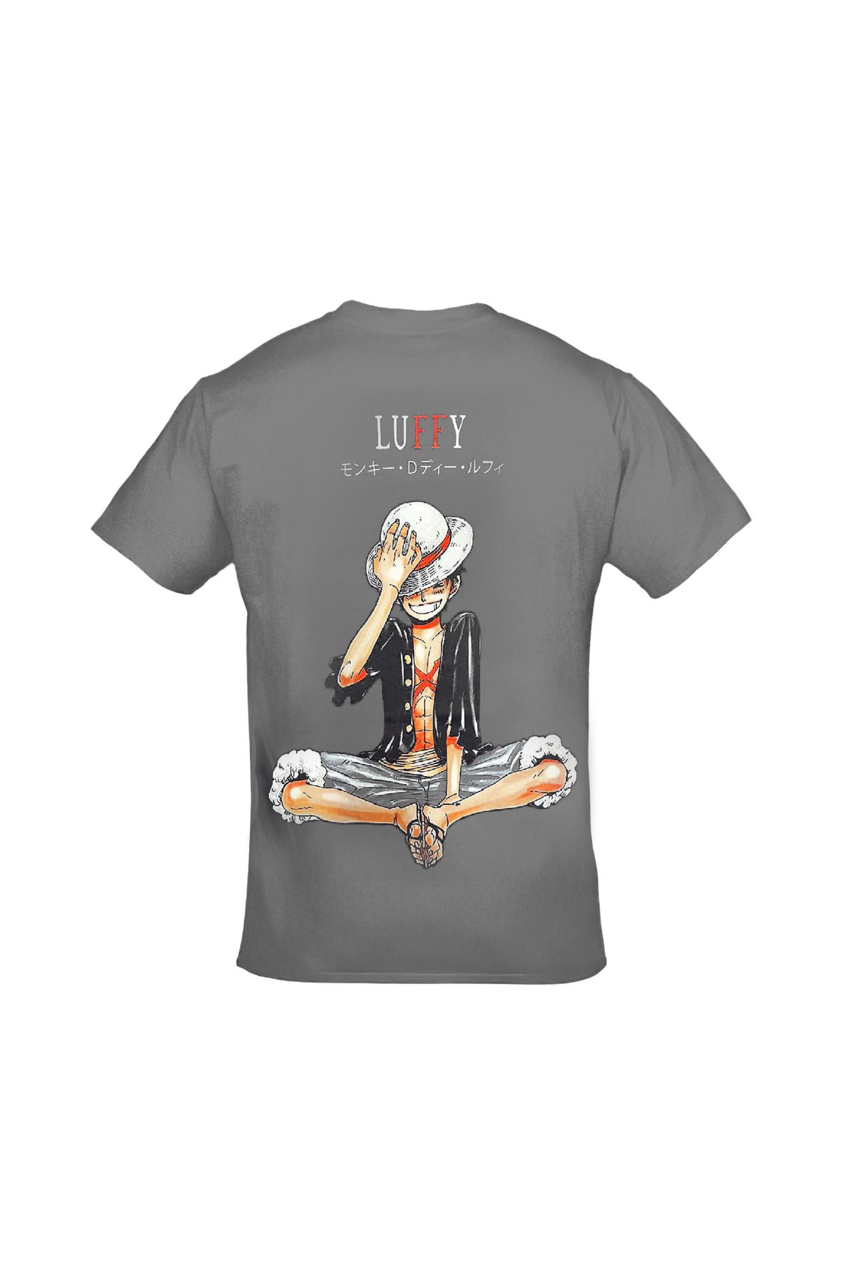 One Piece Luffy Ön Arka Baskılı Unisex Gri Tshirt