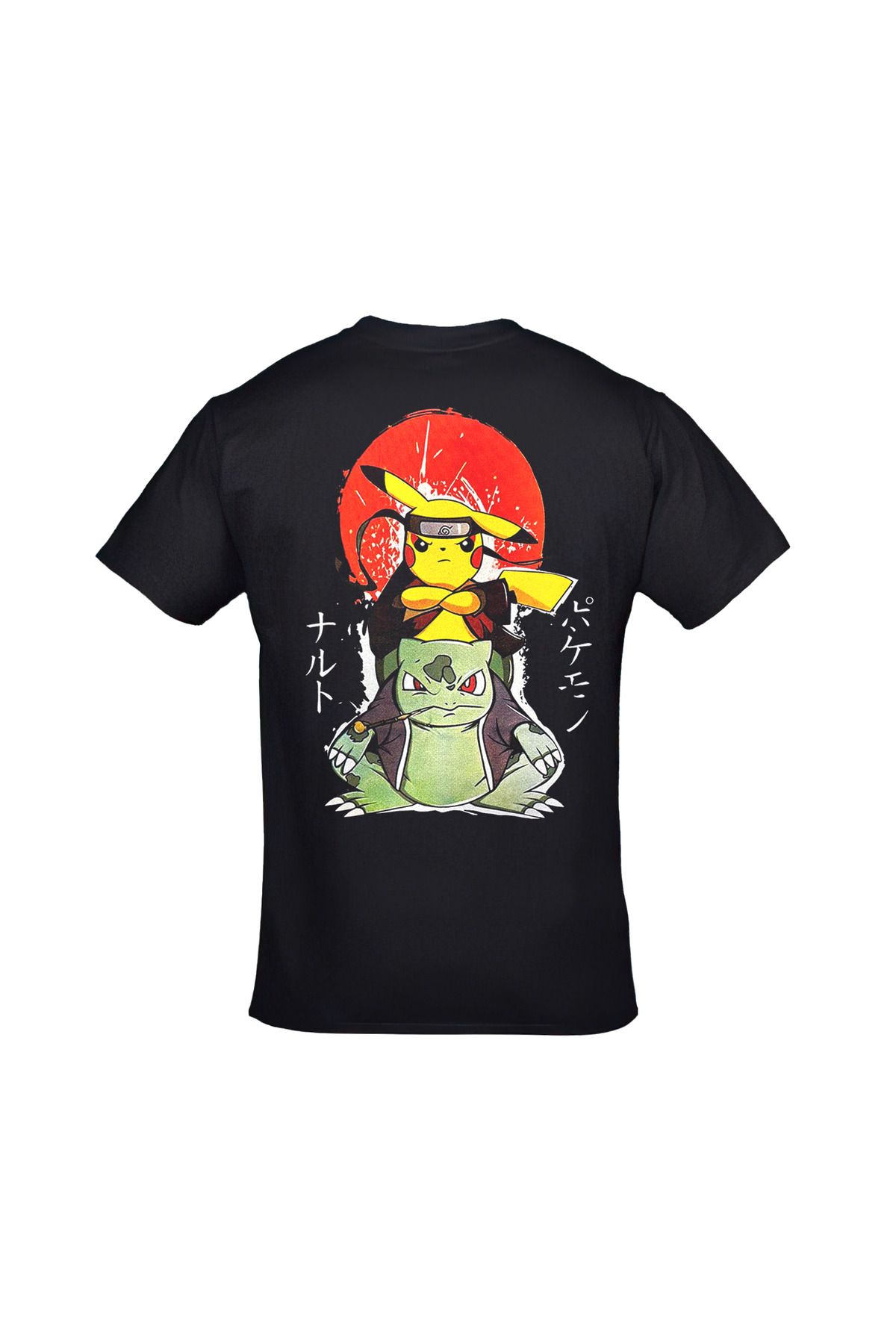 Pokemon Naruto Pikachu Bulbasaur Ön Arka Baskılı Unsiex Siyah Tshirt