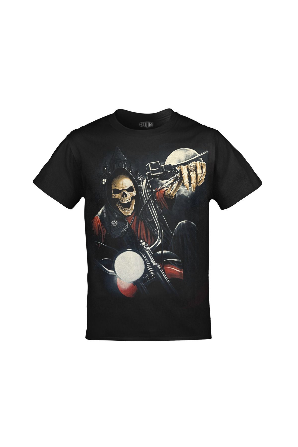 Motorsikletli Kurukafa Skull Motobiker Ön Arka Baskılı Unisex Siyah Tshirt