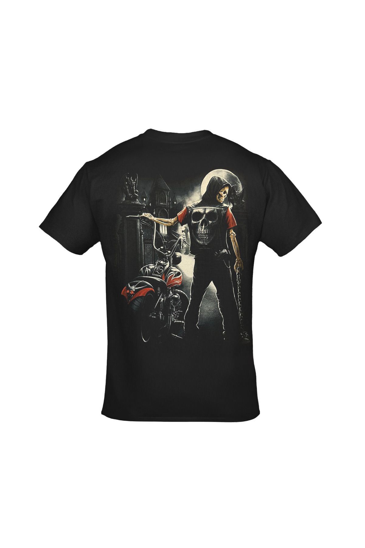 Motorsikletli Kurukafa Skull Motobiker Ön Arka Baskılı Unisex Siyah Tshirt