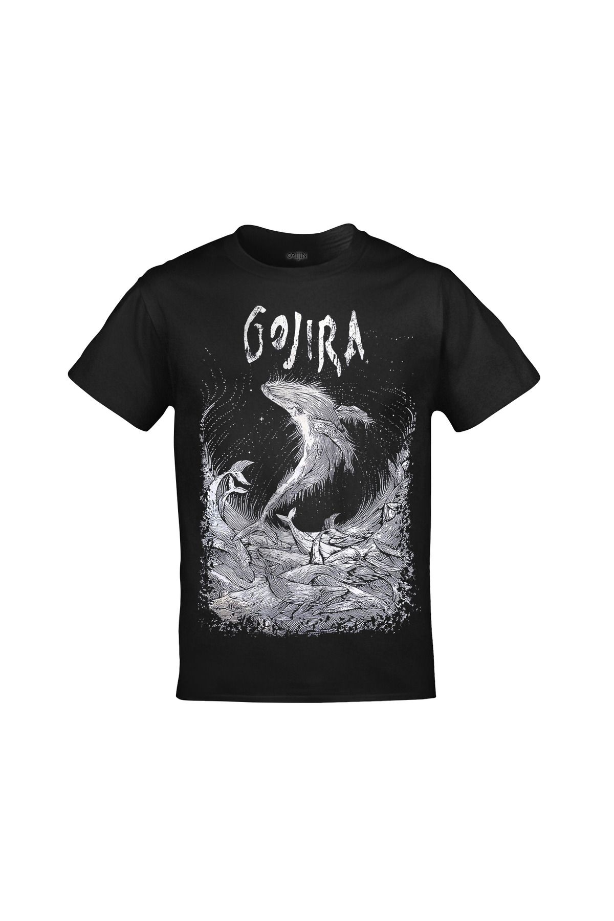 Gojira Wood Block Whales Ön Arka Baskılı Unisex Siyah Tshirt