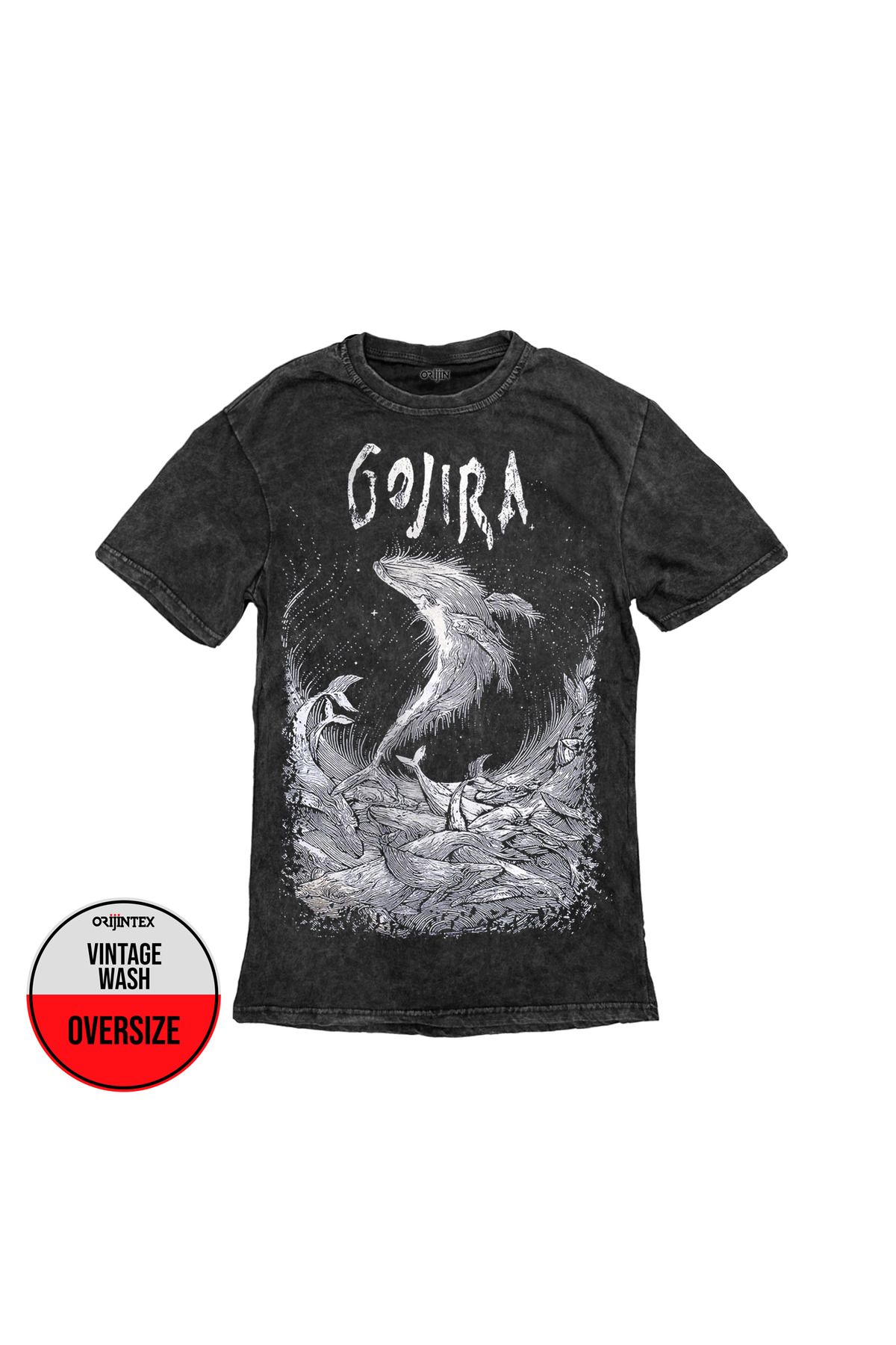 Gojira Wood Block Whales Ön Arka Baskılı Yıkamalı Oversize Vintage Tshirt