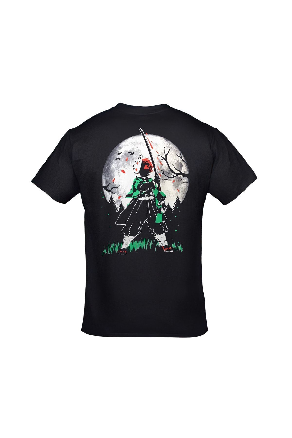 Demon Slayer Tanjiro Kamado Dolunay Anime Ön Arka Baskılı Unisex Siyah Tshirt