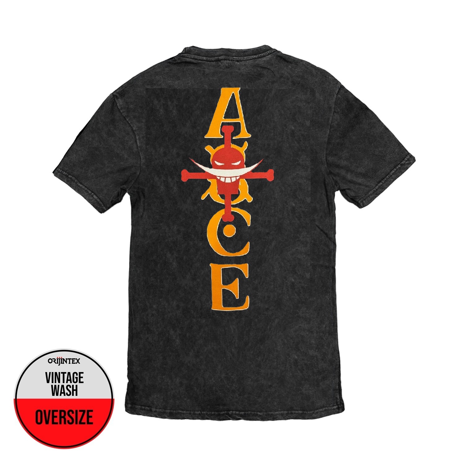 One Piece Ace Ön Arka Baskılı Yıkamalı Oversize Vintage Tshirt