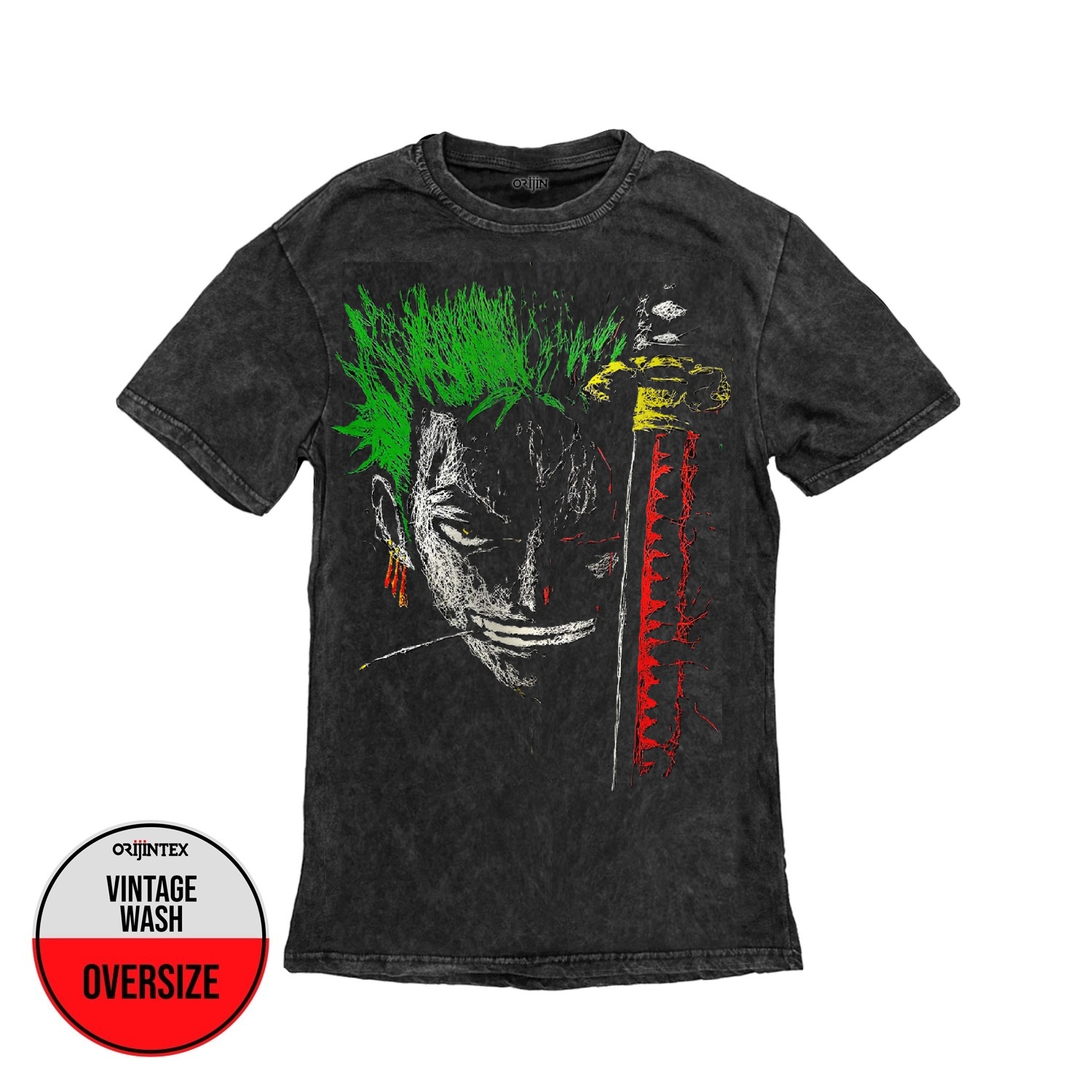 One Piece Roronoa Zoro Çizgili Baskılı Yıkamalı Oversize Vintage Tshirt