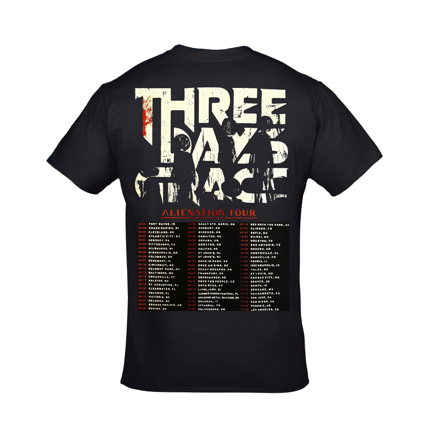Three Days Grace Alienation Tour Concert 2026 Ön Arka Baskılı Unisex Siyah Tshirt