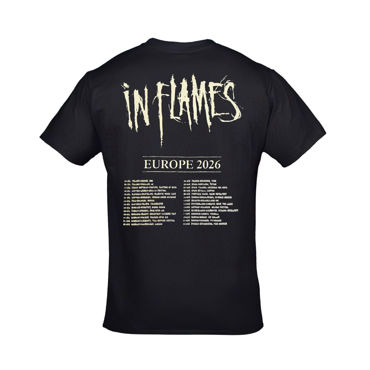 In Flames Concert Tour Europe 2026 Ön Arka Baskılı Unisex Siyah Tshirt