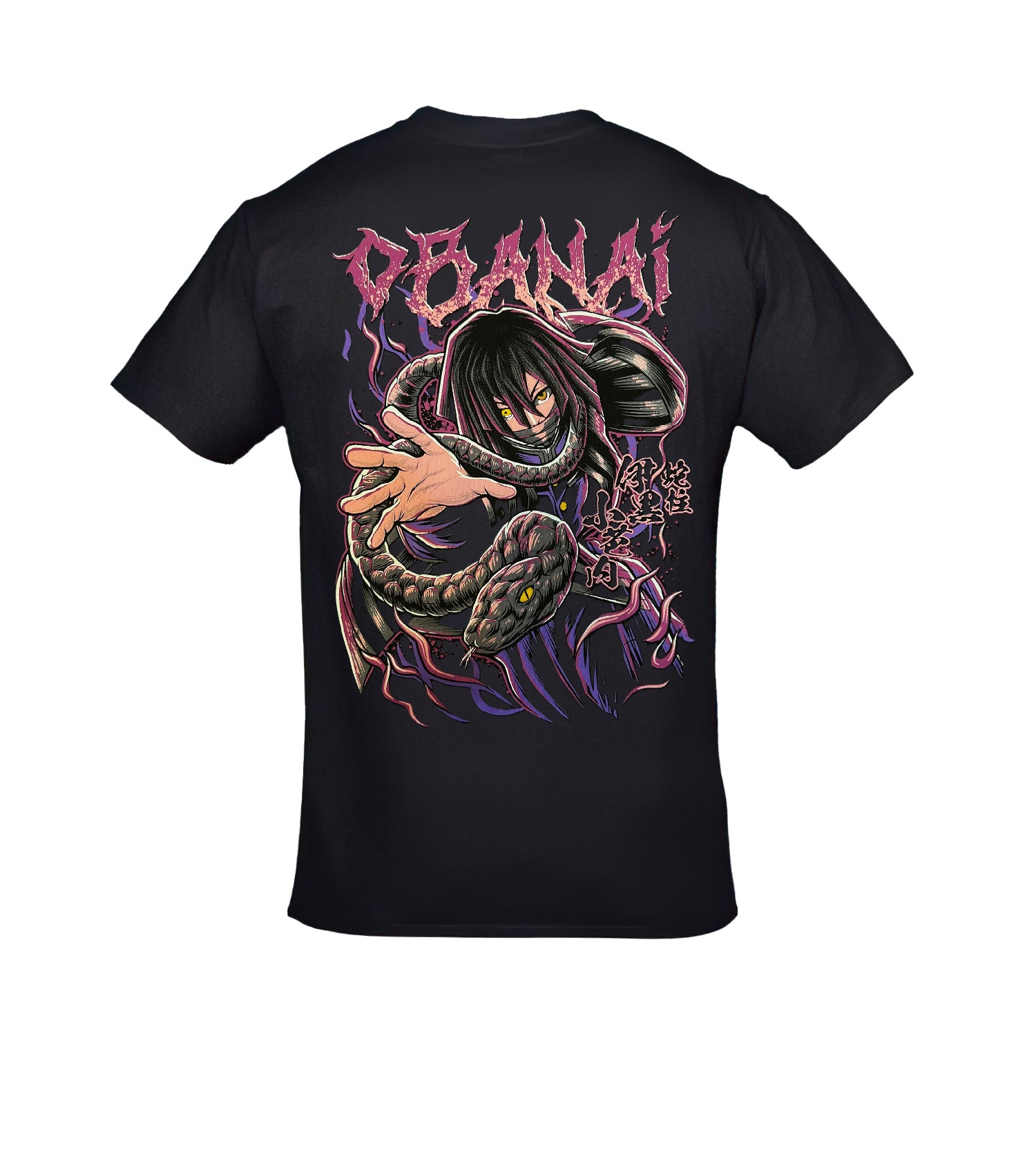 Demon Slayer Obanai Iguro Ön Arka Baskılı Unisex Siyah Tshirt