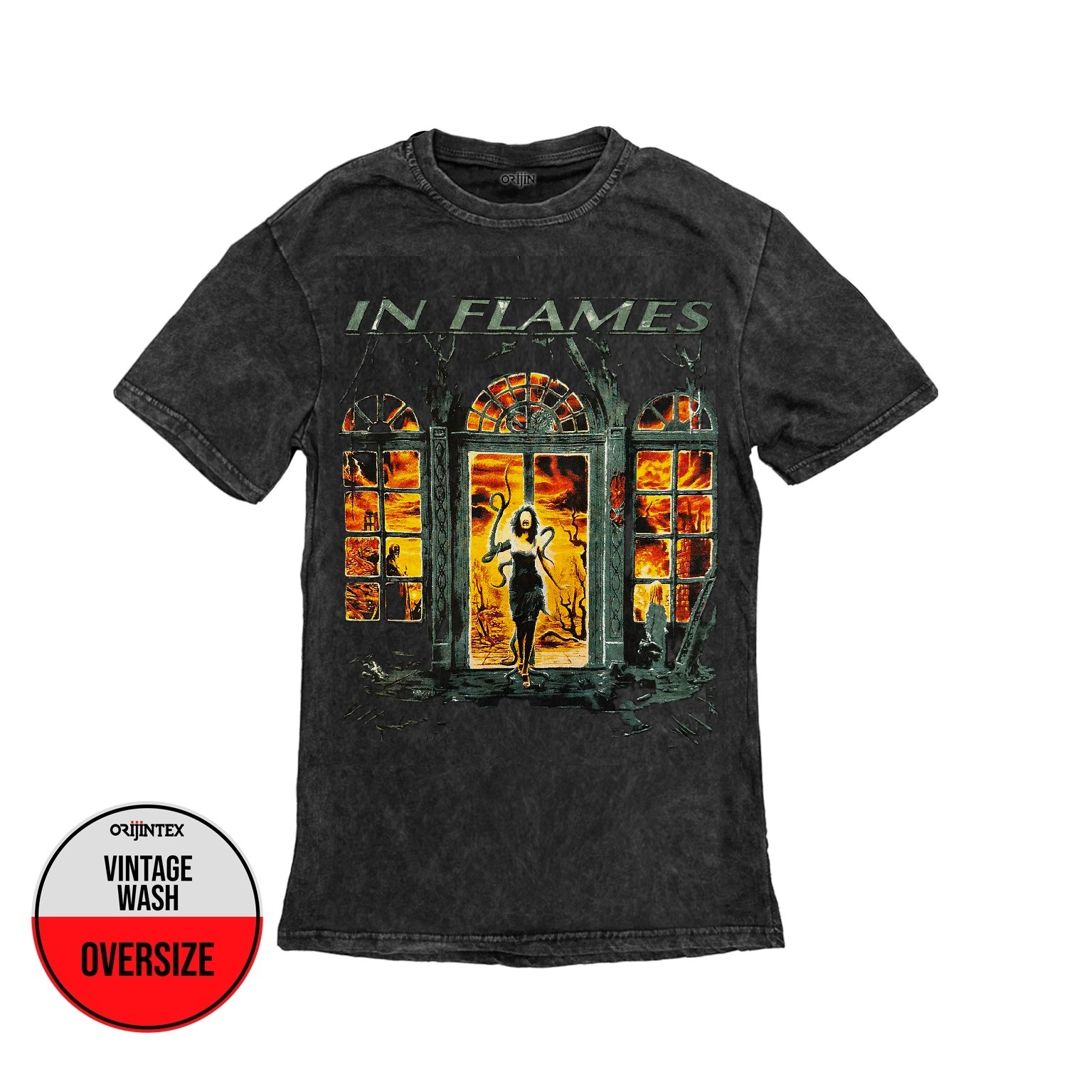 In Flames Whoracle Ön Arka Baskılı Unisex Yıkamalı Oversize Vintage Tshirt