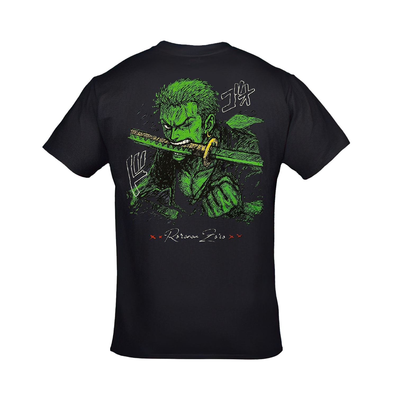 One Piece Roronoa Zoro Line Art Ön Arka Baskılı Unisex Siyah Tshirt