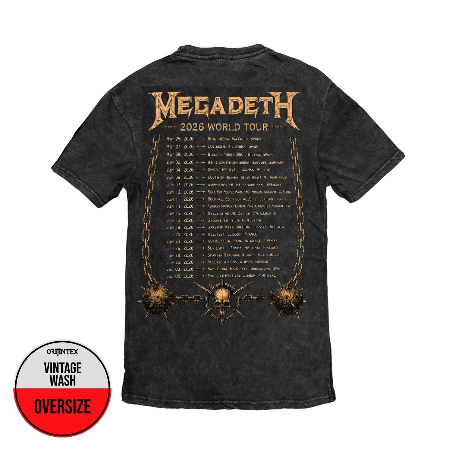Megadeth 2026 World Tour Concert Ön Arka Baskılı Yıkamalı Oversize Vintage Tshirt