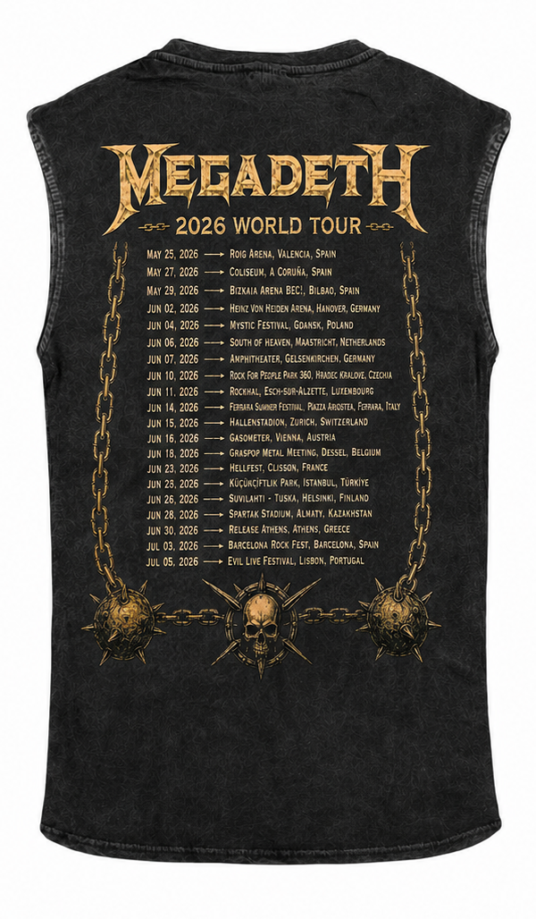 Megadeth 2026 World Tour Concert Ön Arka Baskılı Unisex Yıkamalı Oversize Vintage Atlet Kolsuz Tshirt